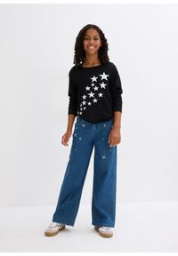 bonprix - Dżinsy z haftem, Wide Leg. Kolor: niebieski. Wzór: haft #2