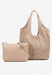 Born2be - Ciemnobeżowa Ażurowa Torebka Shopperka z Saszetką Merazina. Kolor: beżowy. Wzór: ażurowy. Styl: biznesowy, casual