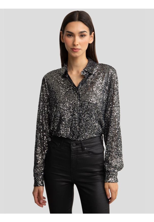 Big-Star - Koszula damska cekinowa srebrna Solea 904. Kolor: srebrny. Materiał: materiał. Długość rękawa: długi rękaw. Długość: długie. Styl: elegancki, klasyczny