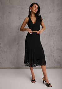 Renee - Czarny Komplet z Koronki Spódnica i Top z Wiązaniem na Szyi Dainetia. Kolor: czarny. Materiał: koronka. Wzór: koronka #6