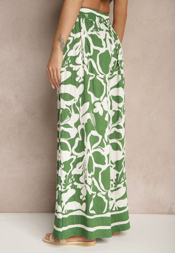 Renee - Zielone Spodnie o Szerokim Kroju High Waist w Kwiaty Nelrive. Okazja: na co dzień, na spacer. Stan: podwyższony. Kolor: zielony. Wzór: kwiaty. Styl: klasyczny, casual, elegancki