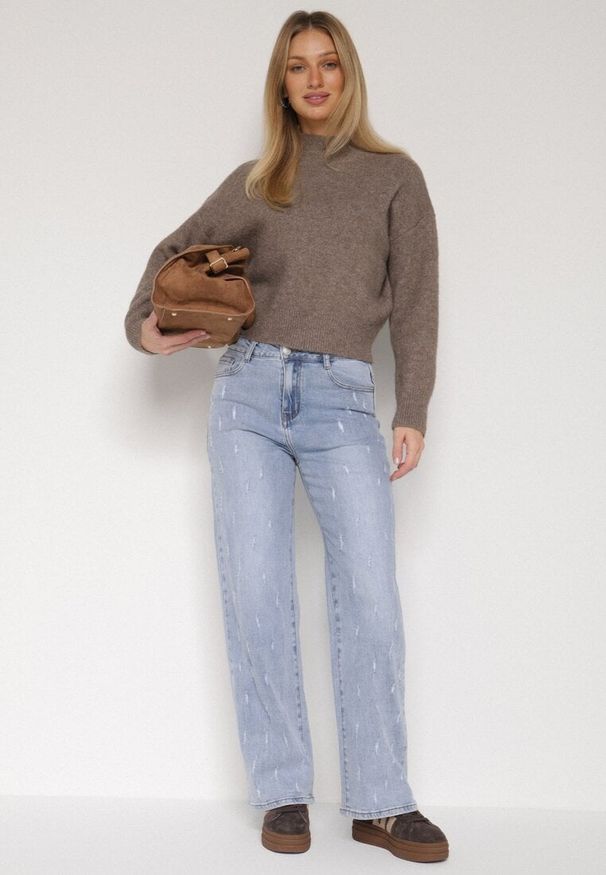 Born2be - Niebieskie Bawełniane Szerokie Jeansy z Wysokim Stanem i Przetarciami Lilinryss. Okazja: na co dzień. Stan: podwyższony. Kolor: niebieski. Styl: casual