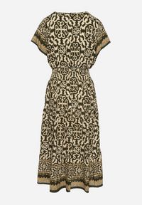 Born2be - Zielono-Beżowa Bawełniana Sukienka z Gumką w Talii i Guzikami Natiflione. Okazja: na co dzień. Typ kołnierza: dekolt w kształcie V. Kolor: zielony. Materiał: bawełna. Typ sukienki: rozkloszowane, oversize. Styl: klasyczny, casual, elegancki #7