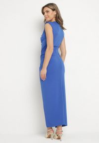 Born2be - Niebieska Sukienka Koktajlowa z Kopertowym Dekoltem Marszczeniem i Guzikami Tdivane. Kolor: niebieski. Typ sukienki: kopertowe. Styl: wizytowy #4