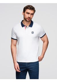 Ombre Clothing - Męska koszulka polo z kolorowymi akcentami – biała V2. Typ kołnierza: polo. Kolor: biały. Materiał: bawełna, dzianina. Wzór: kolorowy. Styl: klasyczny, sportowy, elegancki