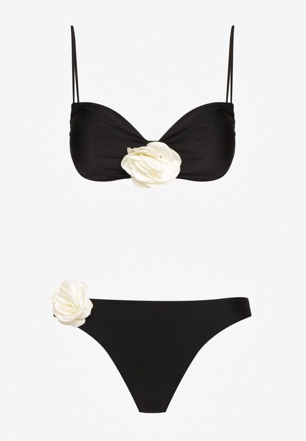 Born2be - Czarne Bikini Klasyczny Biustonosz i Figi Ozdobione Kwiatową Aplikacją Rivaeria. Kolor: czarny. Wzór: aplikacja, kwiaty
