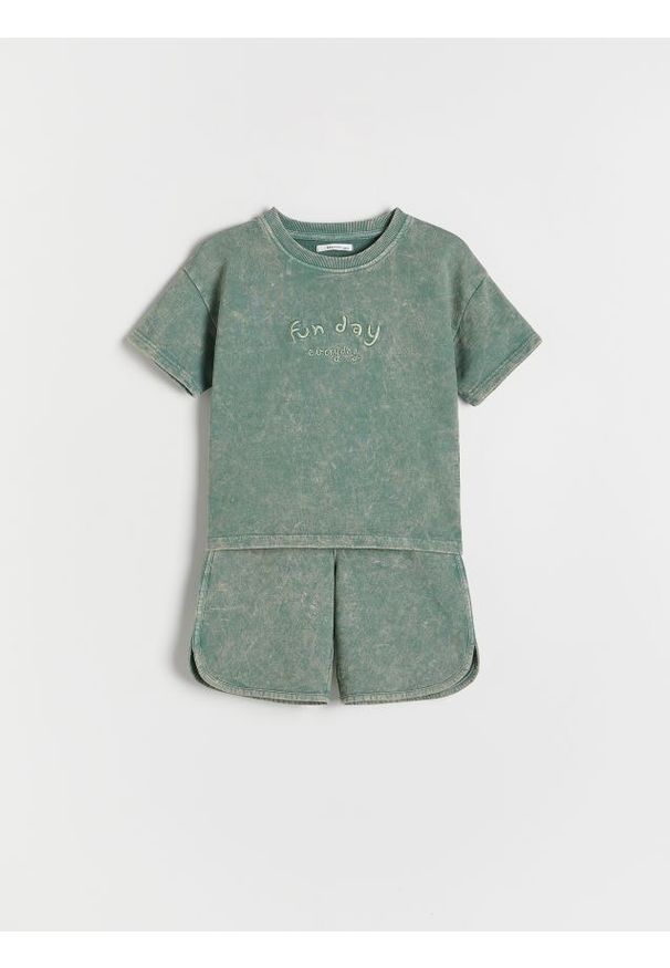 Reserved - Bawełniany komplet z szortami - jasnozielony. Kolor: zielony. Materiał: bawełna