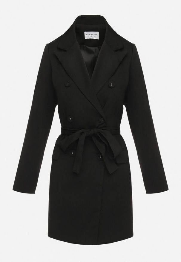 Born2be - Czarna Sukienka o Fasonie Marynarki Dwurzędowa z Poduszkami w Ramionach i Paskiem Sinseli. Kolor: czarny