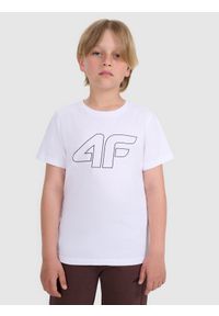 4f - 4F T-shirt regular z nadrukiem chłopięcy - biały 122 (6-7 lat). Okazja: na co dzień. Kolor: biały. Materiał: bawełna, materiał, jersey. Długość rękawa: krótki rękaw. Długość: krótkie. Wzór: nadruk. Sezon: lato. Styl: klasyczny, młodzieżowy, sportowy, casual