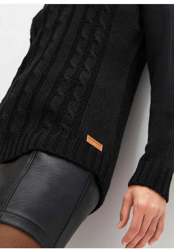 bonprix - Sweter ze stójką we wzór w warkocze. Typ kołnierza: kołnierzyk stójkowy. Kolor: czarny. Materiał: skóra