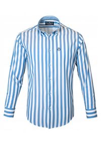 Biała, Lekko Taliowana Koszula Męska - Pako Jeans - Niebieski Prążek. Okazja: na co dzień. Kolor: niebieski. Materiał: wiskoza, bawełna. Wzór: paski. Styl: casual #5