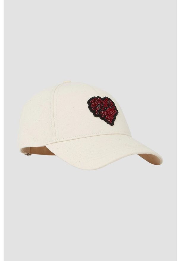 Karl Lagerfeld - KARL LAGERFELD Beżowa damska czapka z daszkiem z sercem. Kolor: beżowy. Materiał: bawełna. Wzór: aplikacja. Styl: elegancki, klasyczny, casual