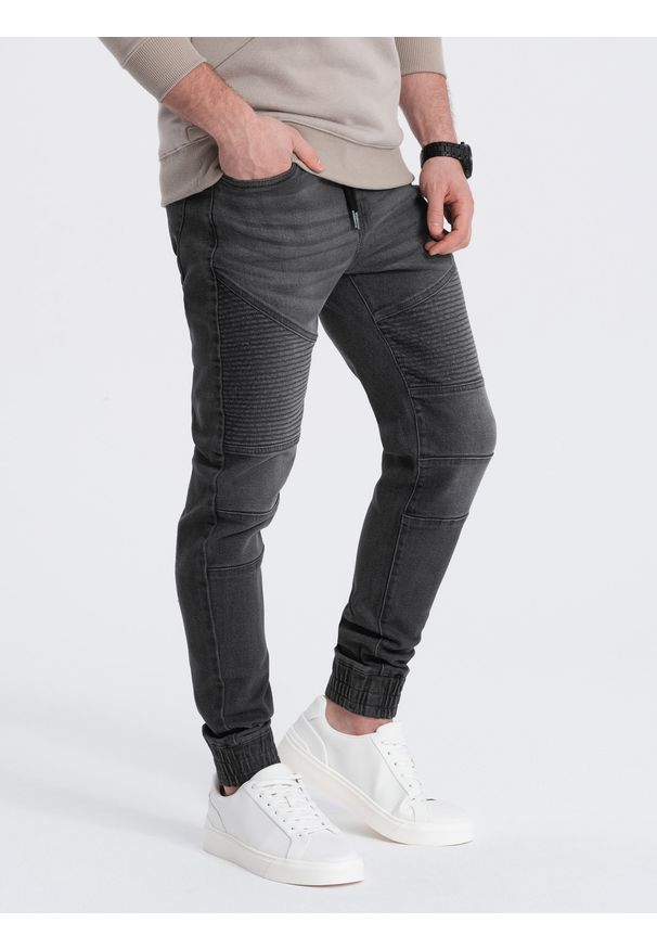 Ombre Clothing - Spodnie męskie joggery jeansowe z przeszyciami - grafitowe V4 OM-PADJ-0113 - XL. Kolor: szary. Materiał: jeans