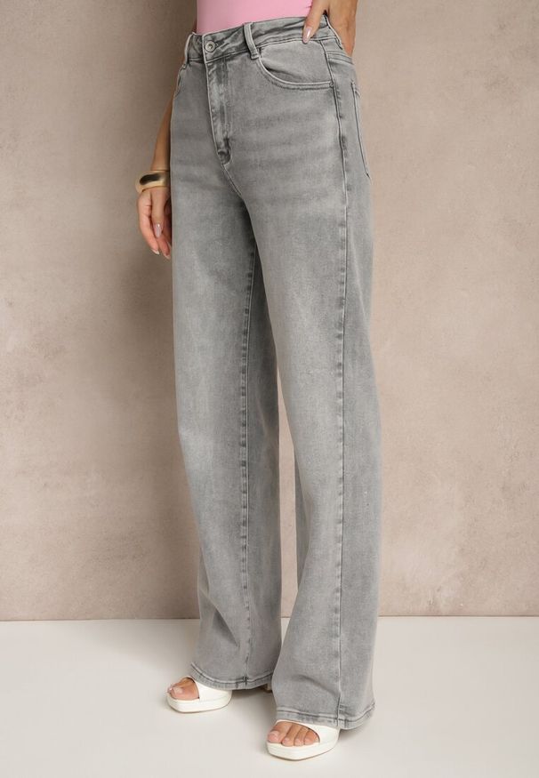 Renee - Szare Jeansy High Waist z Szeroką Nogawką Dorzeri. Okazja: na co dzień. Stan: podwyższony. Kolor: szary. Styl: elegancki, casual
