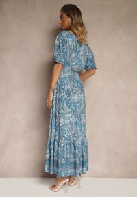 Renee - Niebieska Rozkloszowana Sukienka z Bawełny Zdobiona Wzorem Paisley Folitea. Typ kołnierza: dekolt w serek. Kolor: niebieski. Materiał: bawełna. Wzór: aplikacja, paisley. Sezon: wiosna #5