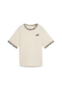 Puma - Damska luźna koszulka Essential ze zwierzęcym nadrukiem PUMA Alpine Snow White. Kolor: biały, wielokolorowy, beżowy. Wzór: motyw zwierzęcy, nadruk. Sport: fitness