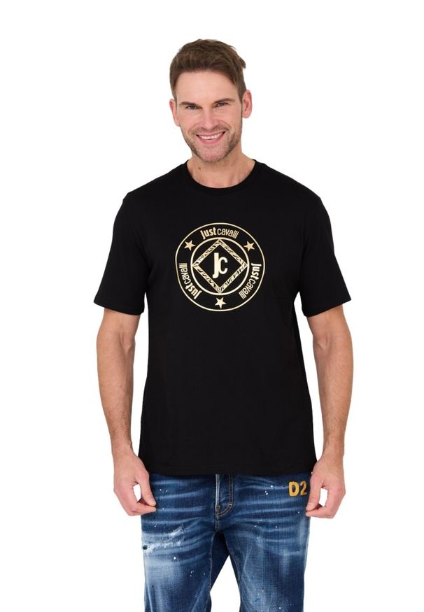 Just Cavalli - JUST CAVALLI Czarny męski t-shirt Fiche Gold, Rozmiar S. Kolor: czarny