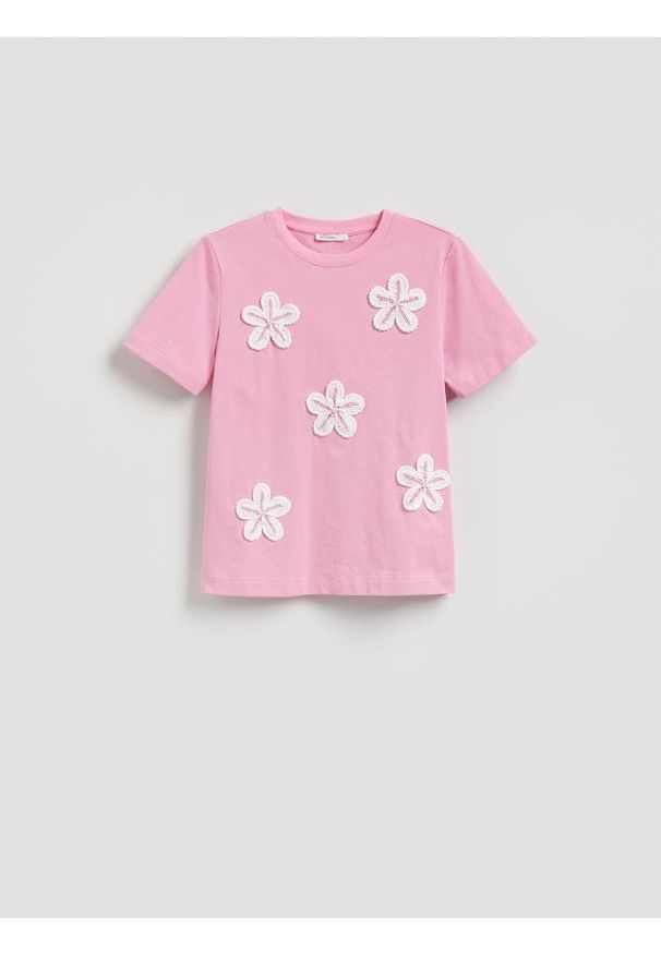 Reserved - T-shirt z haftem - różowy. Kolor: różowy. Materiał: dzianina, bawełna. Wzór: haft