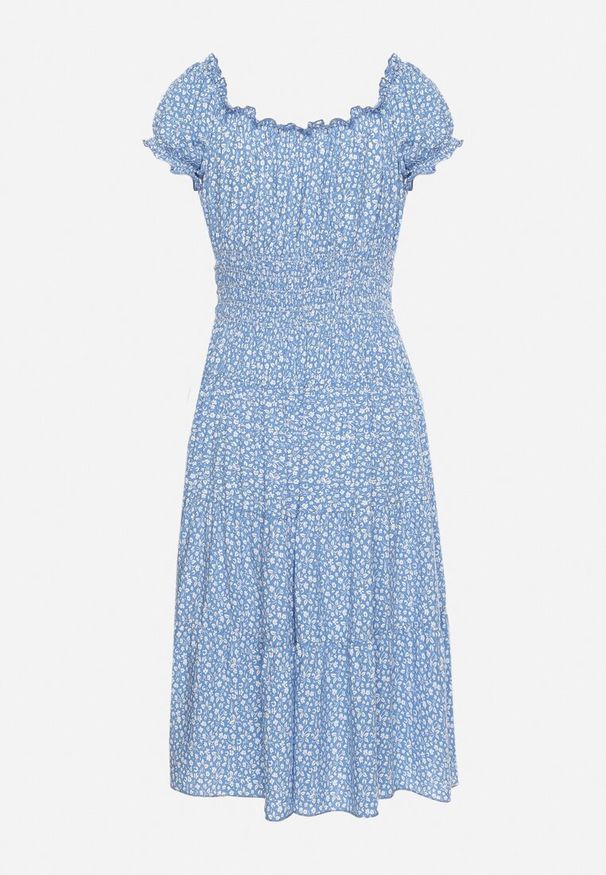 Born2be - Niebieska Bawełniana Sukienka w Drobne Kwiaty z Gumkami w Talii Fielita. Kolor: niebieski. Materiał: bawełna. Długość rękawa: krótki rękaw. Wzór: kwiaty. Sezon: lato. Styl: elegancki