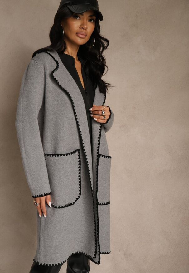 Renee - Szary Kardigan z Haftowaną Lamówką Tuscele. Okazja: na co dzień. Kolor: szary. Materiał: jeans. Wzór: haft. Styl: casual, elegancki