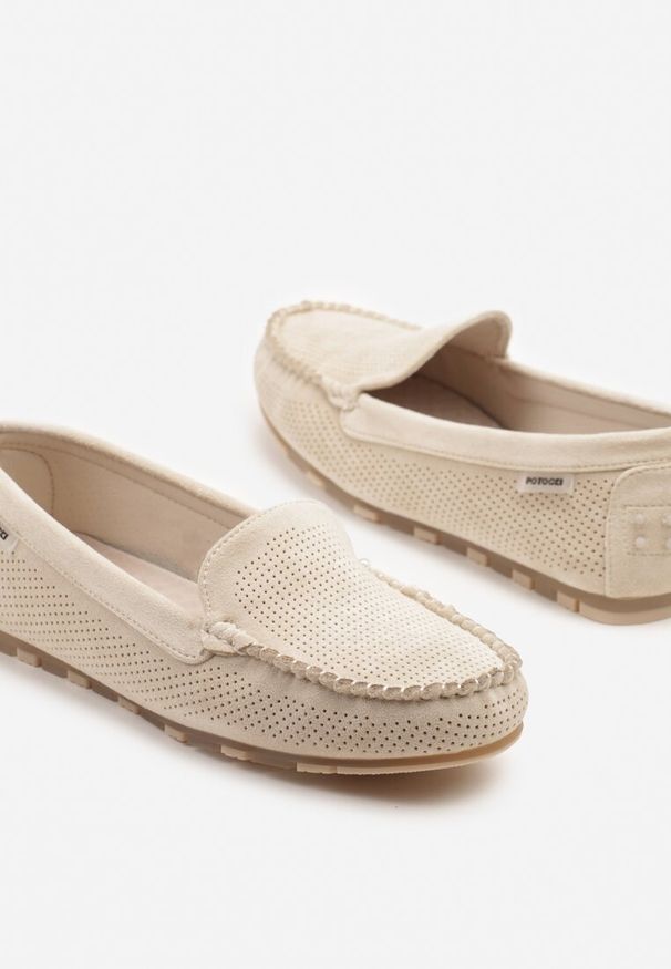 Born2be - Beżowe Mokasyny ze Skórzaną Wkładką i Przeszyciami Sileldia. Okazja: na co dzień. Kolor: beżowy. Materiał: skóra. Styl: elegancki, casual