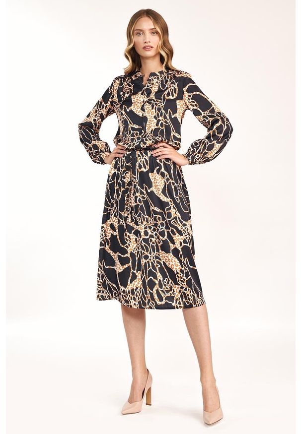 Nife - Rozkloszowana Midi Sukienka we Wzór Safari. Materiał: elastan. Długość: midi