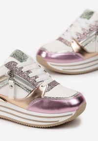 Renee - Biało-Różowe Brokatowe Sneakersy na Grubej Podeszwie ze Sznurowaniem i Suwakiem Irollia. Kolor: biały. Wzór: aplikacja #3