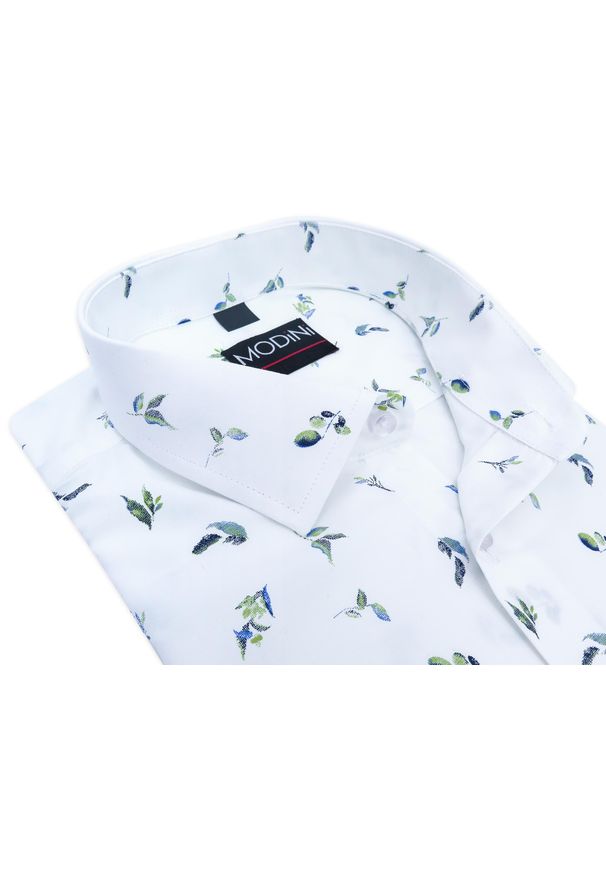 Modini - Biała koszula w granatowo-zielone listki Y26. Kolor: zielony, biały, wielokolorowy, niebieski. Materiał: bawełna, poliester, tkanina. Długość: długie