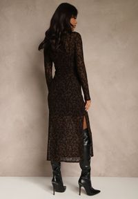 Renee - Brązowa Koktajlowa Sukienka z Wiskozą w Welurowe Kwiaty Amette. Kolor: brązowy. Materiał: welur, wiskoza. Długość rękawa: na ramiączkach. Wzór: kwiaty. Styl: wizytowy #5