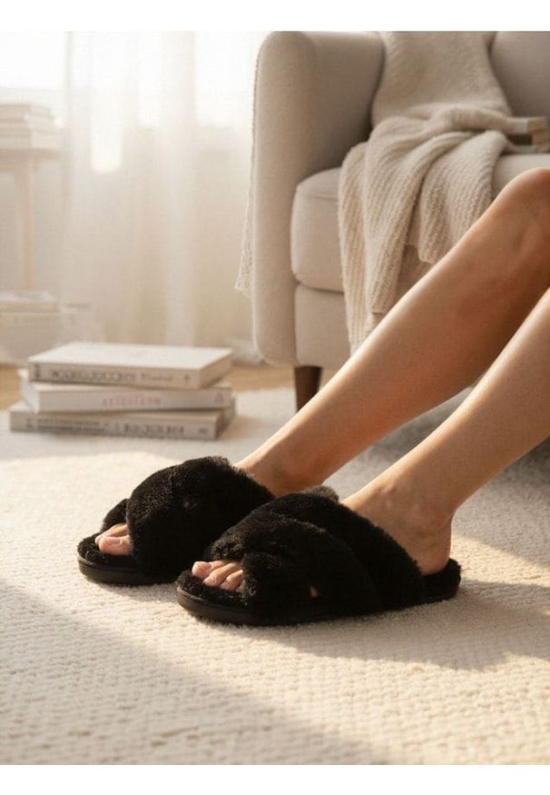 Sinsay - Kapcie z futerkiem - czarny. Kolor: czarny. Materiał: futro