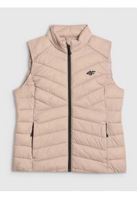 4f - 4F Bezrękawnik z wypełnieniem syntetycznym damski - beżowy XL. Typ kołnierza: kaptur. Kolor: beżowy. Materiał: syntetyk. Długość rękawa: bez rękawów. Wzór: jodełka #1