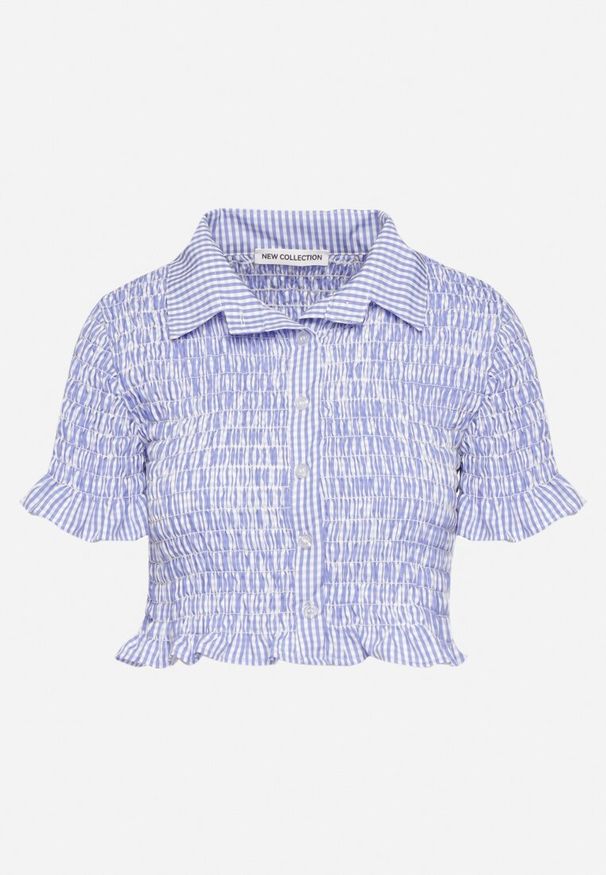 Born2be - Jasnoniebieska Elastyczna Koszula w Kratkę Vichy o Krótkim Kroju Sovzeri. Okazja: na co dzień. Kolor: niebieski. Materiał: materiał, jeans. Długość: krótkie. Wzór: kratka. Styl: klasyczny, casual