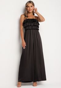 Born2be - Czarny Kombinezon Koktajlowy na Regulowanych Ramiączkach z Falbankami i Gumką w Pasie Tesvia. Okazja: na co dzień. Kolor: czarny. Długość rękawa: na ramiączkach. Styl: wizytowy #1