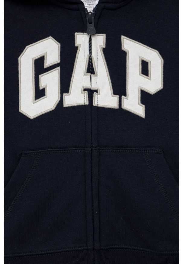 GAP bluza dziecięca kolor granatowy z kapturem z aplikacją. Okazja: na co dzień. Typ kołnierza: kaptur. Kolor: niebieski. Materiał: dzianina. Wzór: aplikacja. Styl: casual