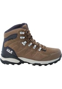 Buty trekkingowe damskie Jack Wolfskin Refugio Texapore Mid. Wysokość cholewki: za kostkę. Zapięcie: sznurówki. Kolor: brązowy. Materiał: materiał, skóra. Szerokość cholewki: normalna