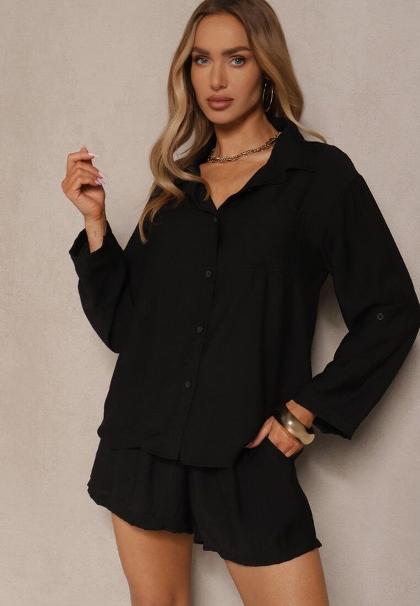 Renee - Czarny Wiskozowy Komplet Koszula i Szorty Luźne Efrone. Kolor: czarny. Materiał: wiskoza