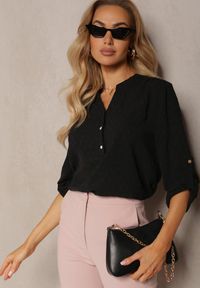 Renee - Czarna Bluzka z Guzikami z Tkaniny Plumeti Jorale. Kolor: czarny. Materiał: tkanina. Styl: elegancki #3