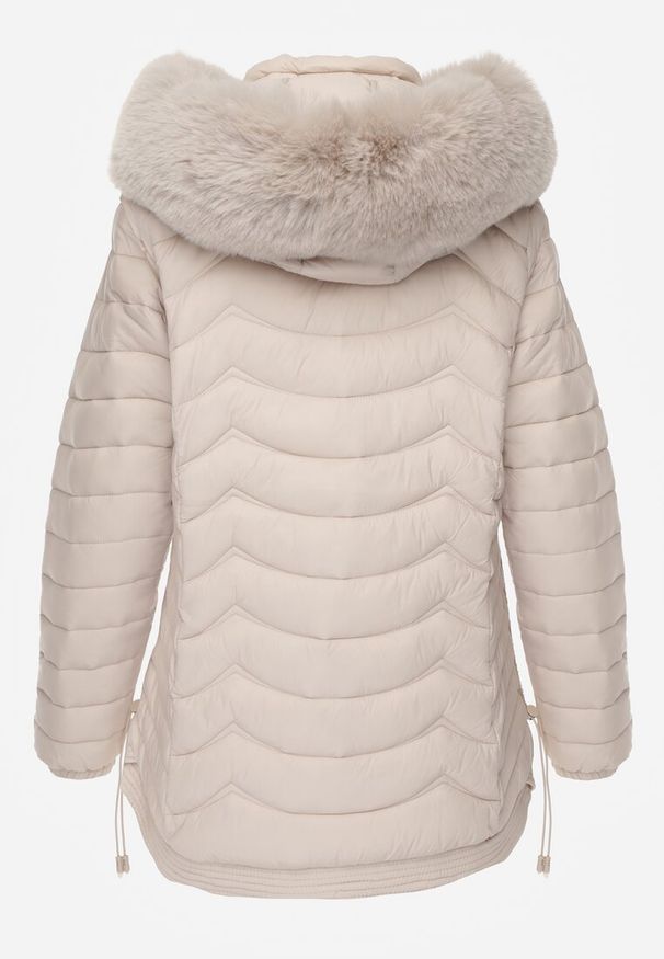 Renee - Jasnobeżowa Przejściowa Kurtka z Pikowaniem Bocznymi Ściągaczami i Kapturem Fezizia. Okazja: na co dzień. Kolor: beżowy. Materiał: futro, jeans, poliester. Styl: elegancki, casual