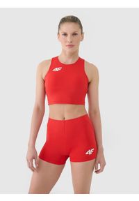 4f - 4F Biustonosz treningowy ze średnim wsparciem damski - czerwony L. Kolor: czerwony. Materiał: dzianina, elastan, włókno, syntetyk, materiał, guma. Rodzaj stanika: wyciągane miseczki. Wzór: gładki, jednolity, ze splotem. Sport: fitness, bieganie, kolarstwo #1