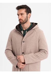 Ombre Clothing - Melanżowy długi męski płaszcz z kapturem – beżowy V2 - Rozmiar: XXL. Typ kołnierza: kaptur. Kolor: beżowy. Materiał: tkanina, wełna, poliester, materiał, syntetyk, włókno, nylon. Długość: długie. Wzór: melanż. Sezon: zima. Styl: elegancki #8