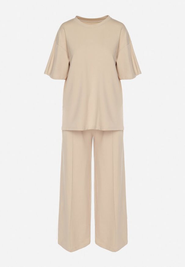 Born2be - Beżowy Bawełniany Komplet Bluzka z Rozcięciami po Bokach Szerokie Spodnie z Gumką w Pasie Undrea. Kolor: beżowy. Materiał: bawełna