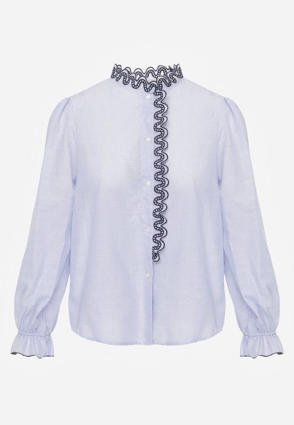 Renee - Niebieska Bawełniana Koszula z Falbanką i Haftem Ostorea. Okazja: na co dzień. Kolor: niebieski. Materiał: bawełna. Wzór: haft. Styl: casual, elegancki