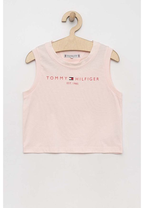 TOMMY HILFIGER - Tommy Hilfiger top bawełniany dziecięcy kolor różowy. Okazja: na co dzień. Kolor: różowy. Materiał: bawełna. Długość rękawa: na ramiączkach. Wzór: nadruk. Styl: casual