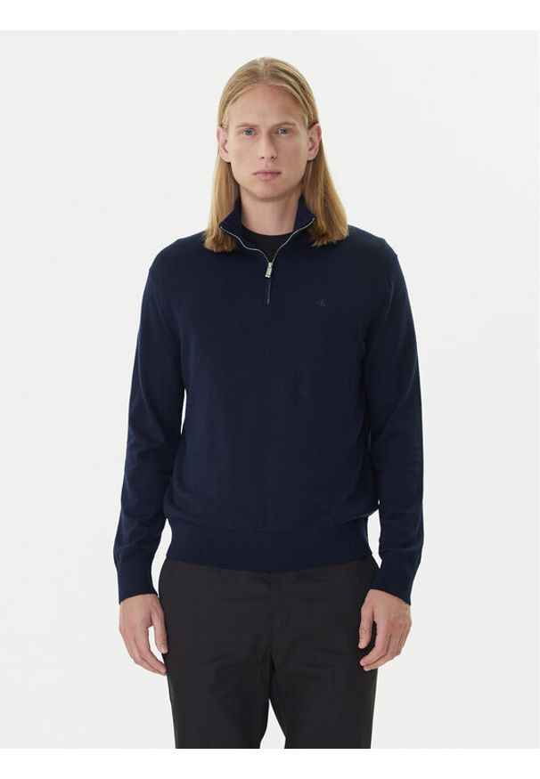 Calvin Klein Sweter LV04LD318G Granatowy Regular Fit. Kolor: niebieski. Materiał: wełna