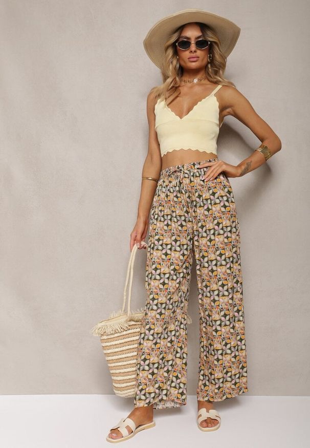 Renee - Zielono-Beżowe Wiskozowe Spodnie High Waist Szerokie z Gumką w Pasie i Kieszeniami Aizha. Stan: podwyższony. Kolor: zielony. Materiał: wiskoza