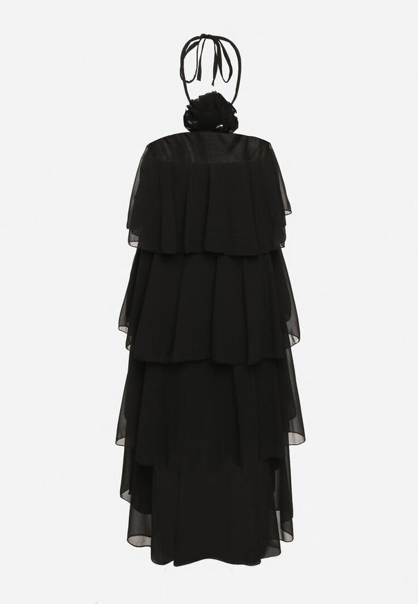 Born2be - Czarna Sukienka z Falbanami Wiązana na Szyi z Broszką Kwiatem Tinallena. Okazja: na co dzień. Kolor: czarny. Wzór: kwiaty. Styl: casual