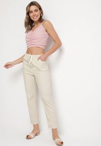 Born2be - Ciemnobeżowe Bawełniane Spodnie z Wiązaniem Galtebis. Okazja: na co dzień. Kolor: beżowy. Materiał: bawełna. Styl: elegancki, casual