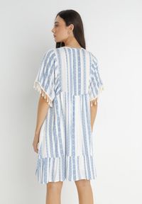 Born2be - Niebieska Sukienka Sophoreia. Kolor: niebieski. Długość rękawa: krótki rękaw. Wzór: aplikacja, paski. Typ sukienki: rozkloszowane. Styl: boho #4