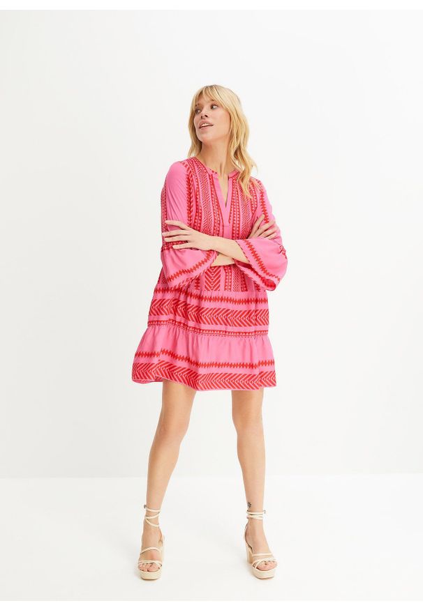 bonprix - Sukienka tunikowa z lejącej wiskozy. Typ kołnierza: dekolt w serek. Kolor: czerwony. Materiał: wiskoza. Wzór: nadruk, aplikacja. Styl: elegancki