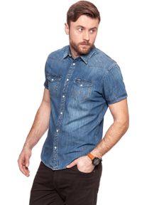 Wrangler - KOSZULA JEANSOWA MĘSKA WRANGLER SS WESTERN SHIRT MID INDIGO W5A10O78E. Materiał: jeans. Długość rękawa: krótki rękaw. Długość: krótkie #4